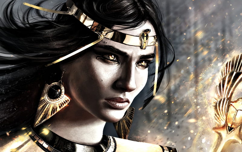Isis, mother of Horus, art, isis, goddess, golden, woman, fantasy, girl, face, inna-vjuzhanina, HD wallpaper