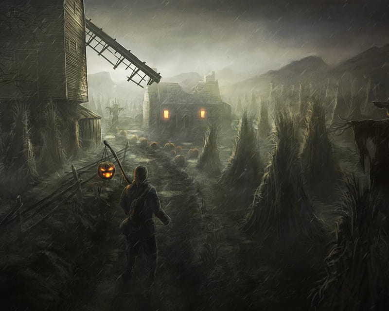 Stormy Halloween, man, house, corn feild, wind mill, HD wallpaper