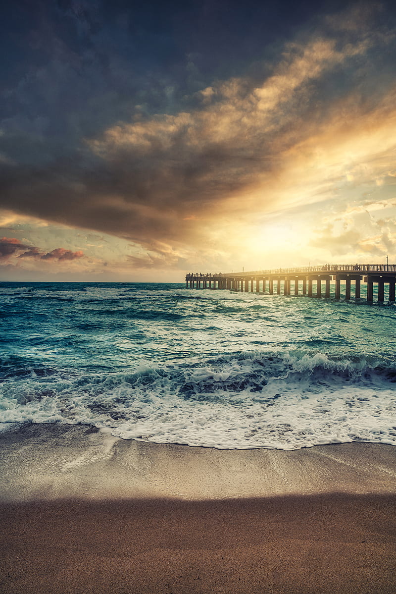 beach, pier, waves, sunset, HD phone wallpaper