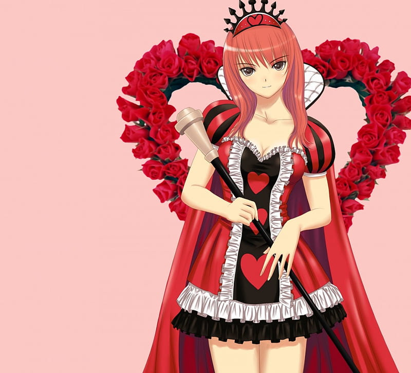 Queen of Heart, staff, pretty, redhead, cg, sweet, floral, nice, love, anime, beauty, anime girl, realistic, long hair, lovely, gown, sexy, cute, heart, crown, maiden, red, dress, divine, cane, rose, queen, bonito, sublime, elegant, blossom, hot, tiara, pink, gorgeous, female, rod, red hair, roses, brown eyes, girl, flower, petals, princess, lady, HD wallpaper