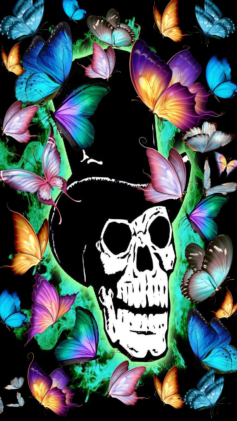 Flutter By, bright, butterflies, colorful, fun, neon, skull, tophat, whimsical, HD phone wallpaper
