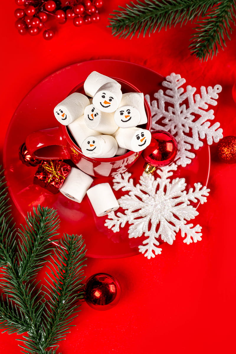 mug, marshmallow, snowflakes, balls, branches, christmas, HD phone wallpaper