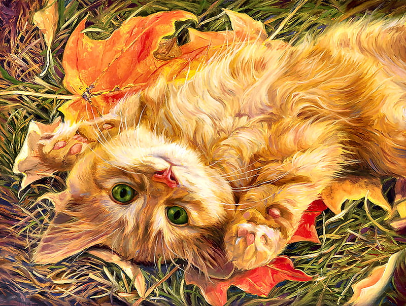 Care - Cat F, art, autumn, bonito, pets, illustration, artwork, animal, feline, painting, wide screen, cats, HD wallpaper