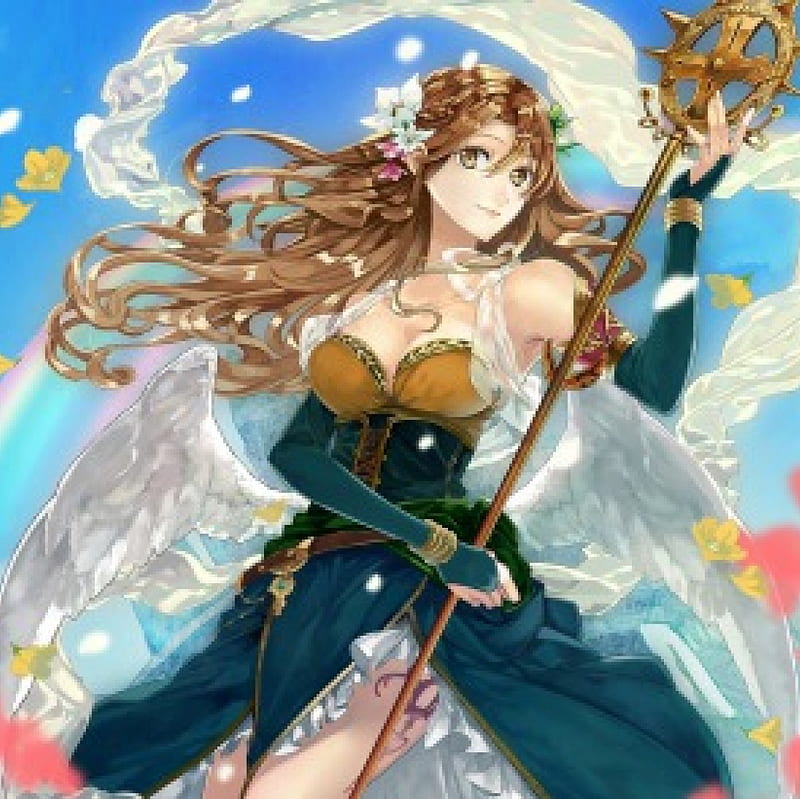 Goddess of Fertility Rosumeruta , staff, pretty, dress, bonito, rainbow, wing, sweet, blossom, nice, fantasy, anime, feather, hot, beauty, anime girl, weapon, long hair, gorgeous, female, wings, lovely, wand, brown hair, angel, gown, rod, sexy, girl, flower, florral, petals, HD wallpaper