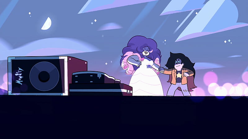 Steven Universe Greg Universe With Black Hair And Brown Coat Rose Quartz With White Gown Purple And Pink Hair With Background Of Purple Sky And Moon Movies, HD wallpaper
