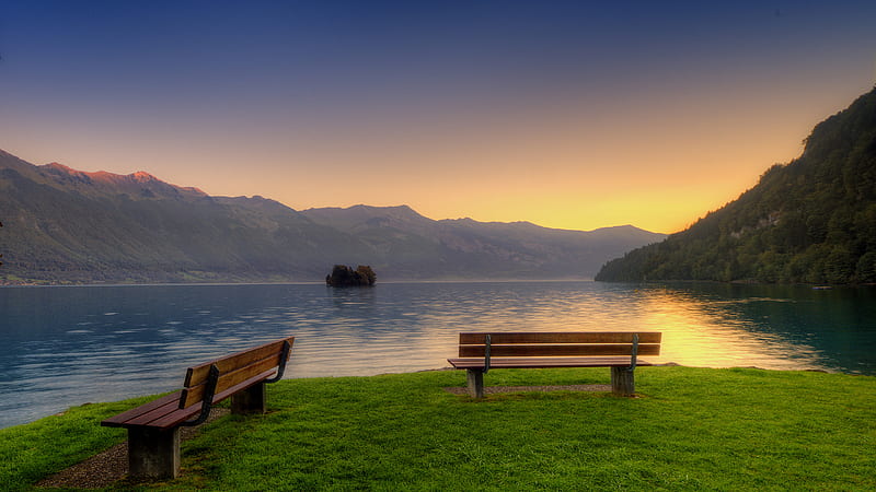 Front Row Seats, green, grass, benches, bonito, island, lake, HD wallpaper