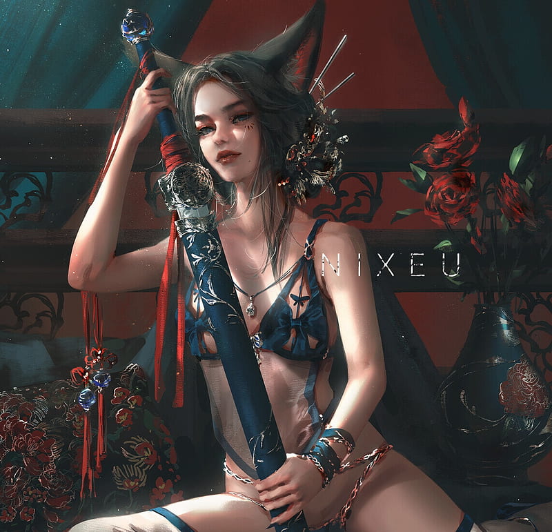 Fantasy girl, nixeu, fantasy, girl, fox, dark, cat, sword, red, art, ears, HD wallpaper
