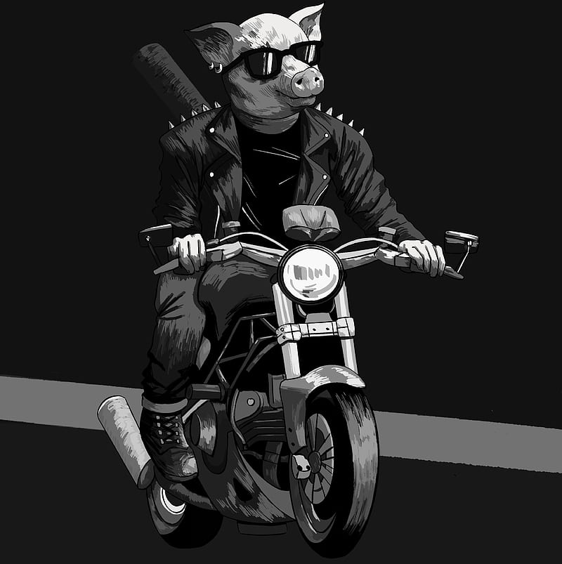 pig, sunglasses, biker, motorcycle, art, black and white, HD phone wallpaper