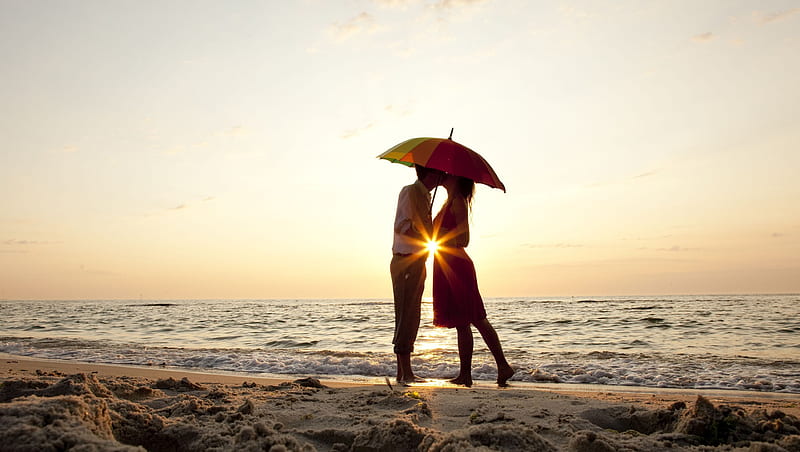 1920x1080px 1080p Free Download Love Romantic Romance Ocean Umbrella Sunset Man Woman