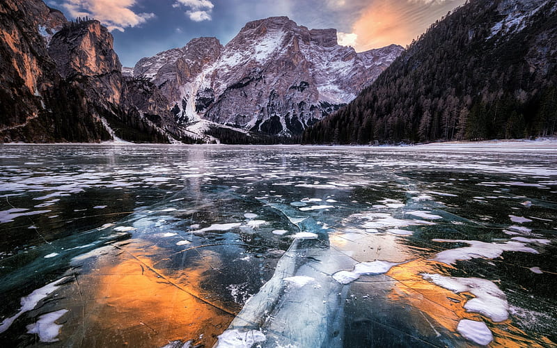 mountains, sunset, frozen lake, ice, mountain landscape, HD wallpaper
