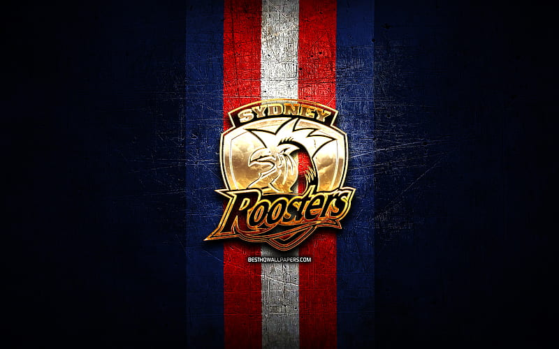Sydney Roosters, golden logo, National Rugby League, blue metal background, australian rugby club, Sydney Roosters logo, rugby, NRL, HD wallpaper