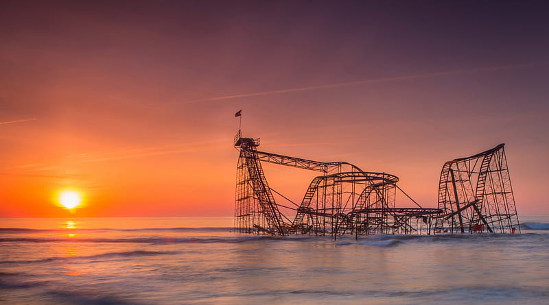 roller coaster after hurricane sandy at the jersey shore, destroyed, sunrise, sea, roller coaster, HD wallpaper