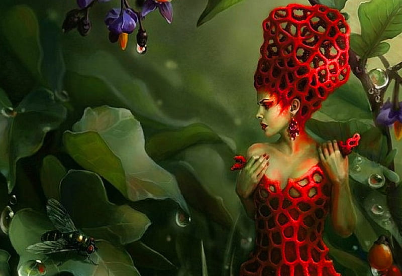Fairy of Hive, pretty, art, fantasy, girl, flower, digital, nature, woman, HD wallpaper