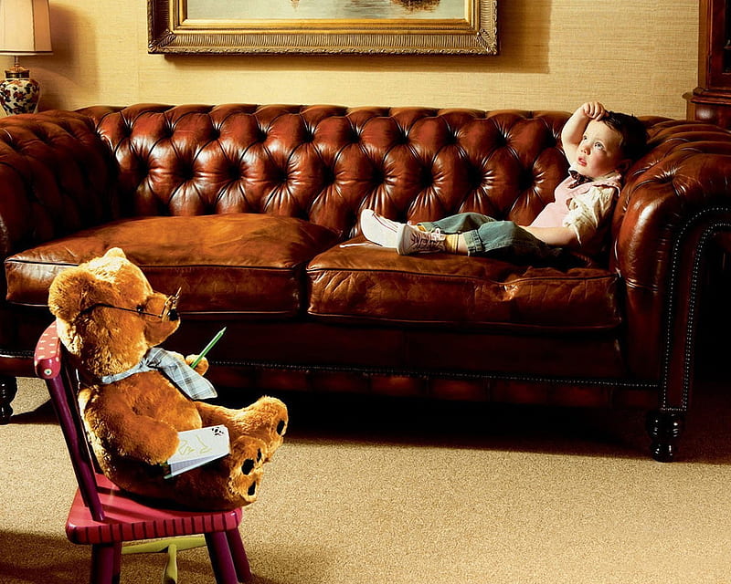 Prof. Teddy, doctor, boy, teddy, bear, child, teddy bear, abstract, sofa, HD wallpaper