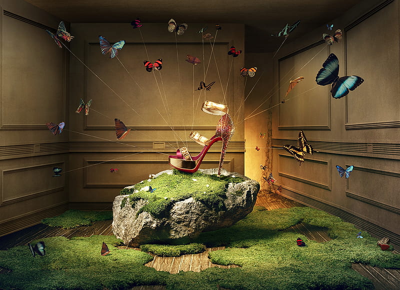 :-), fantasy, add, butterfly, louboutin, khuong nguyen, commercial, creative, shoes, HD wallpaper