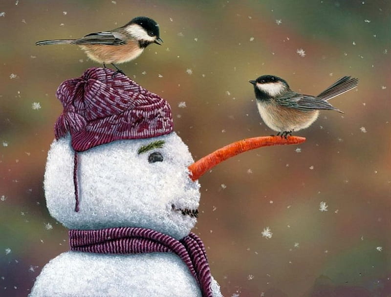 Winter Visitors, chickadees, birds, snowman, artwork, hat, HD wallpaper
