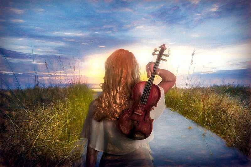 Sunrise Symphony, violin, girl, painting, fields, road, clouds, sky, HD wallpaper