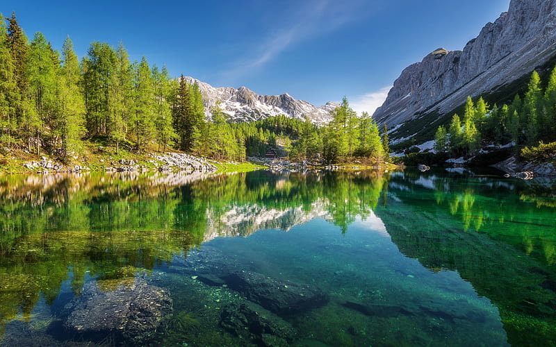 Double Lake, mountain lake, forest, glacial lake, mountain landscape, Julian Alps, Slovenia, Triglav Lakes Valley, Valley of The Seven Lakes, HD wallpaper