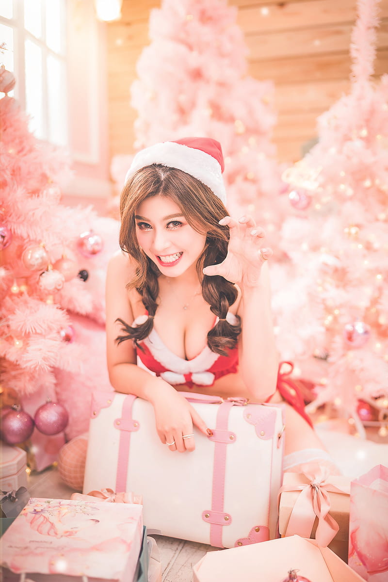 smiling, Asian, Christmas, Christmas ornaments , Christmas Tree, women indoors, looking at viewer, indoors, colorful, makeup, women, model, cleavage, lace, pale, bare shoulders, Chinese, Chinese model, HD phone wallpaper