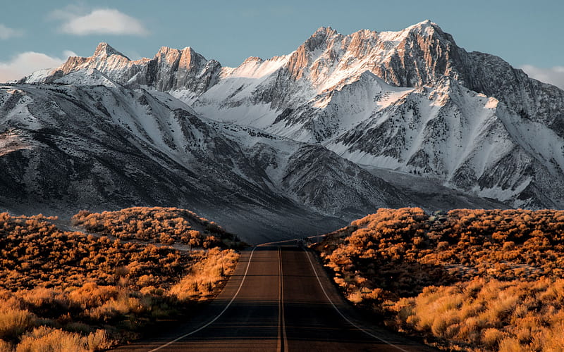 asphalt road, mountain landscape, USA, winter, snow, sunset, mountains, HD wallpaper