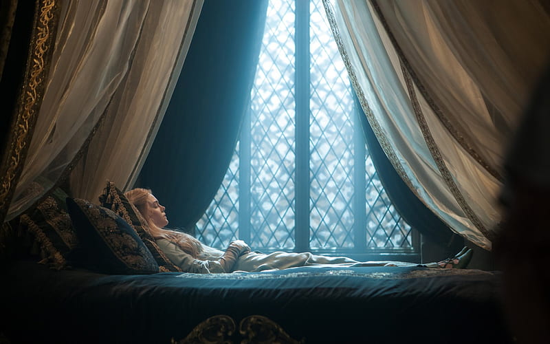 Maleficent (2014), window, movie, aurora, maleficent, bed, fantasy, tale, girl, actress, elle fanning, princess, disney, blue, HD wallpaper