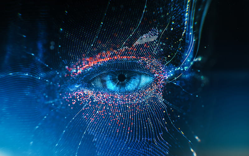 human eye, creative, blue background, digital art, HD wallpaper