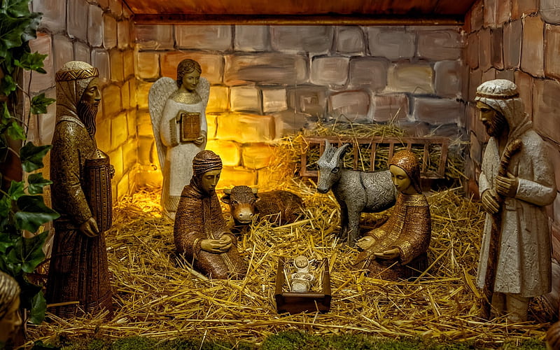 Nativity Scene, Mary, manger, Joseph, Nativity, angel, animals, Jesus, HD wallpaper