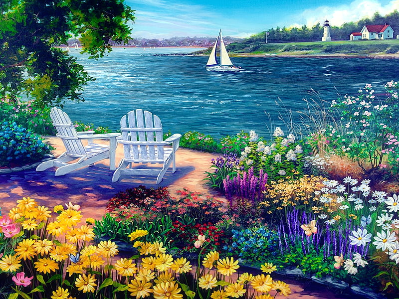 Garden by the bay, rest, art, view, bonito, spring, lake, sailing boats, painting, summer, flowers, garden, chair, bay, HD wallpaper