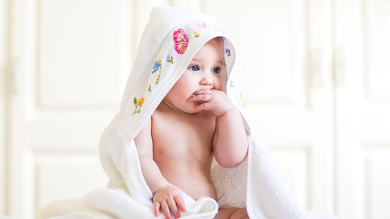 Cute Baby Boy Is Licking Hand Covered With White Printed Towel Cute, HD wallpaper