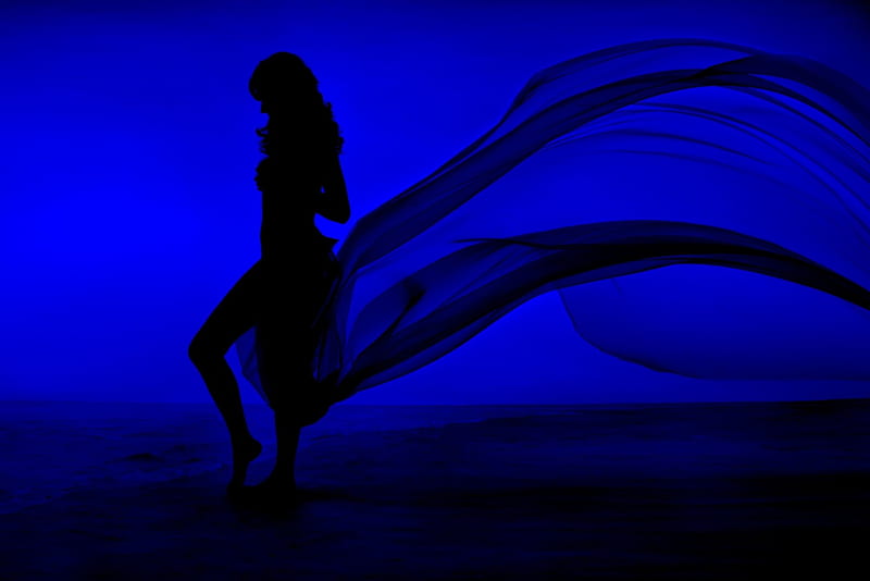 Blue Sea Silhouette, wind, bonito, lace dress, sky, silhouette, women, sea, sand, blue, HD wallpaper