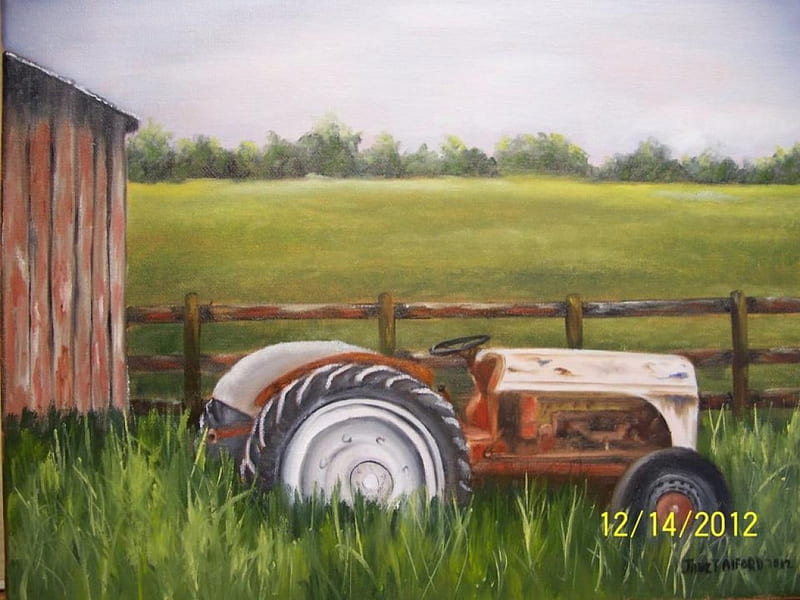 Old Ford Tractor in a painting, tractor, Ford, antique, barn, HD wallpaper