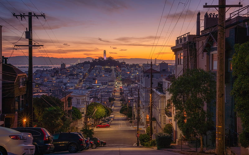 San Francisco, California, evening, streets, sunset, San Francisco cityscape, houses, USA, HD wallpaper