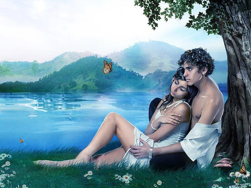 Two Lovers !!!, romance, cg, abstract, lake, mountain, tree, boy, butterfly, girl, love, lover, couple, HD wallpaper