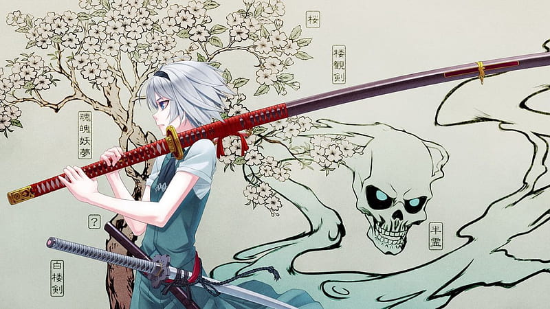 Skulls video games Touhou cherry blossoms trees dress blue eyes katana samurai weapons blossoms ghosts Konpaku, HD wallpaper