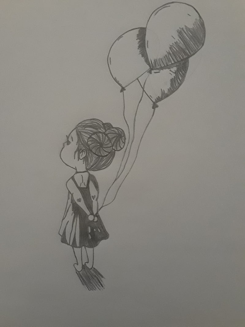 Girl with balloons, little girl, drawings, sketch, art, HD phone wallpaper