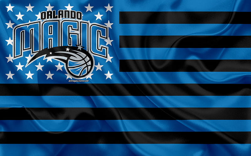 Orlando Magic, American basketball club, American creative flag, black and blue flag, NBA, Orlando, Florida, USA, logo, emblem, silk flag, National Basketball Association, basketball, HD wallpaper