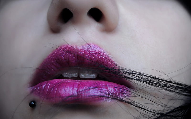 Pink, mouth, black, face, lips, woman, lipstick, HD wallpaper