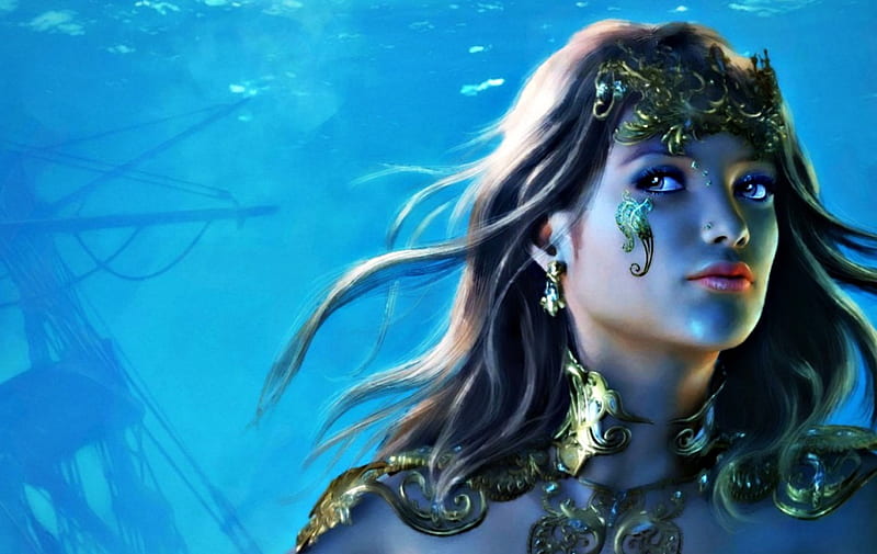 Mermaid, underwater, ocean, woman, sea, fantasy, girl, ship, blue, HD ...