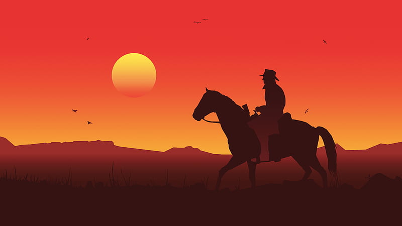 Horse Riding Cowbay With Background Of Red Sunset Sky Red Dead Redemption 2, HD wallpaper