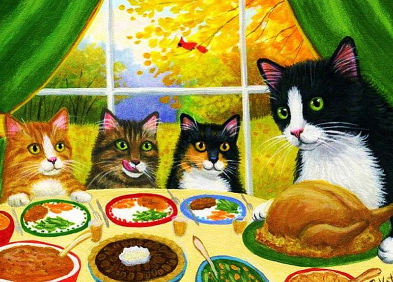 Thanksgiving Meal, autumn, tree, window, turkey, painting, colors, cats, artwork, HD wallpaper