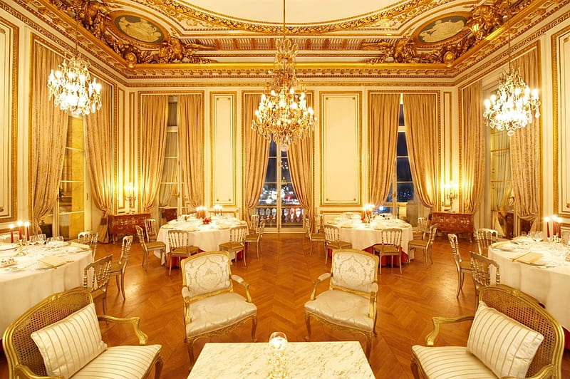 The Golden Room, architecture, dinner, table, hall, golden, banquet, modern, royal, room, castle, HD wallpaper