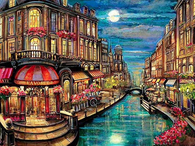 Venetian Street, moon, houses, painting, Restaurant, evening, HD wallpaper