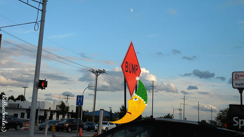 A Bump on the Moooon..., moons, silly, Orange Bump Sign, crescent moon, funny, clouds, nightcap, Traffic Signals nSigns, m00n, HD wallpaper
