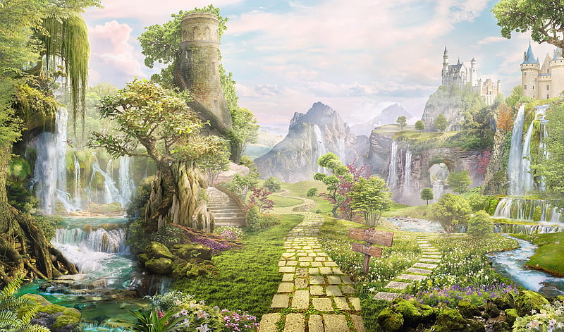 Fantasy world, fantasy, tree, green, luminos, waterfall, artem shcherbakov, castle, world, tower, path, HD wallpaper