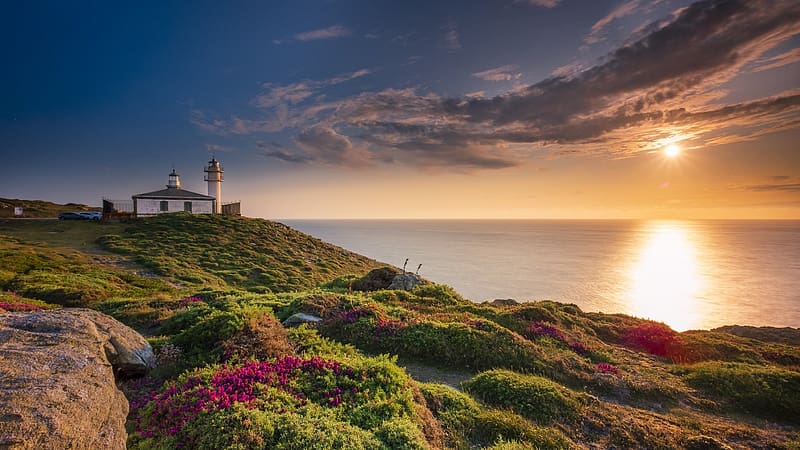 Lighthouse at La Coruna, Galicia, Spain, sky, atlantic, coast, landscape, clouds, sun, HD wallpaper
