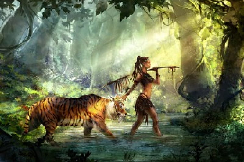 We're Almost There..., fishes, woods, tiger, lady, fishing, HD wallpaper