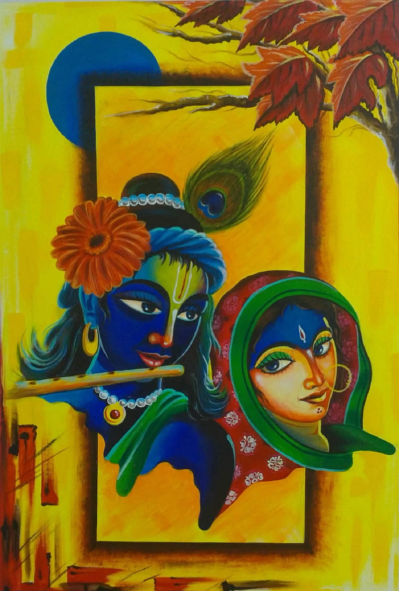 Krishna ji, land, love, nature, painting, radha, theme, wonder, wonderful, yellow, HD phone wallpaper