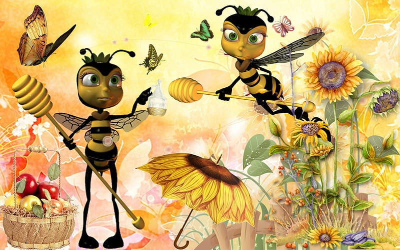 Honeybee, bee, honey, butterfly, flower, yellow, sunflower, HD wallpaper