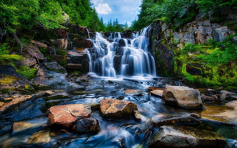 Mount Rainier National Park, Washington, rocks, waterfall, river, trees, sky, HD wallpaper