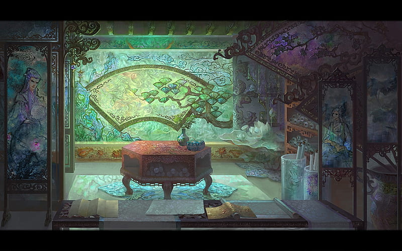 Hidden house, green, art, fantasy, hrfleur, luminos, papaya, room, HD wallpaper